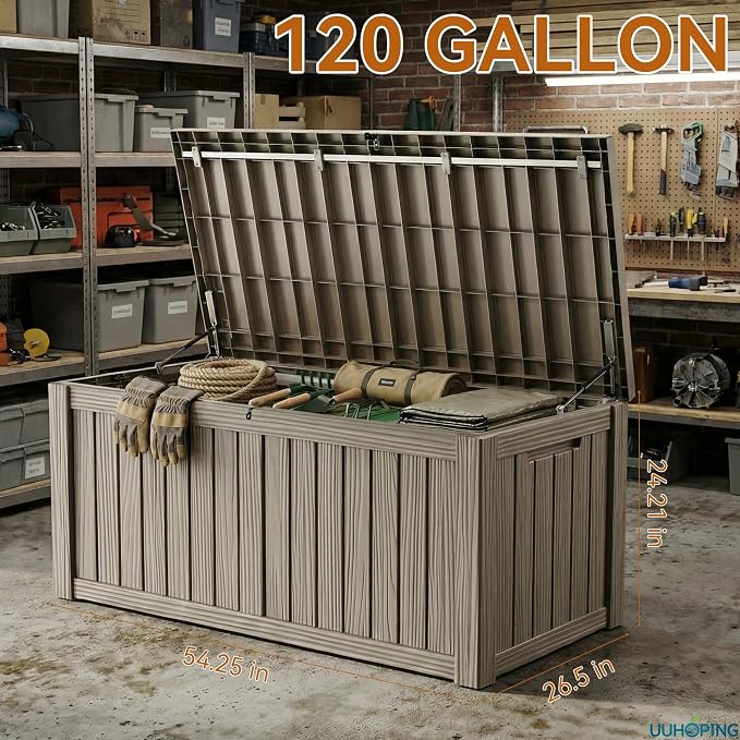 ROJIK Outdoor Storage Box – 150 Gallon Mobile Waterproof Resin Deck Box, Lockable Storage for Patio Cushions, Garden Tools, Pool Accessories – UV-Resistant Storage Bench for Backyard & Deck(Grey)