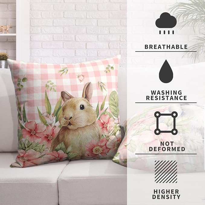 Easter Bunny Pillow Covers 22x22 Set of 2 Spring Floral Decorative Pillowcase Cute Rabbit Cotton Linen Cushion Case Pink Plaid Throw Pillow Covers for Sofa Patio Outdoor