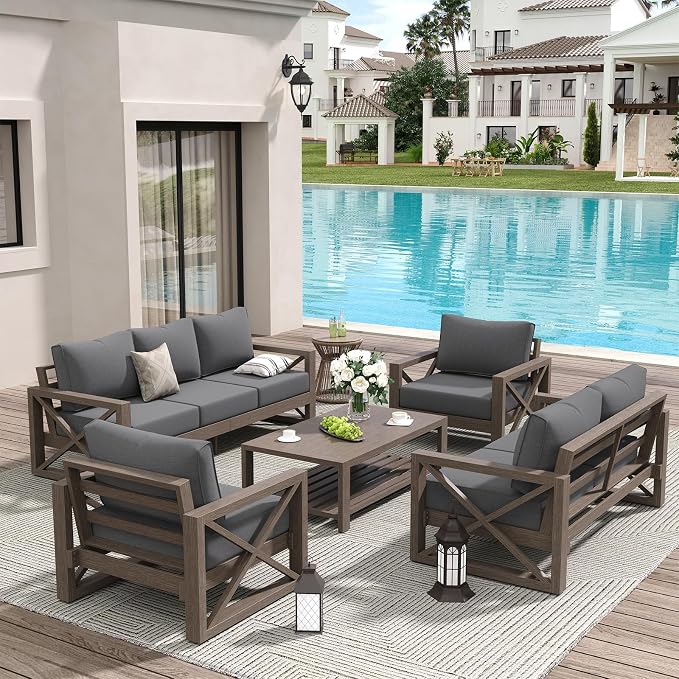 Amopatio Aluminum Patio Furniture Set, 8 Pieces Modern Metal Outdoor Furniture, Faux Wood Grain Finish Frame Patio Sofa Sets with 6" Cushion for Backyard, Dark Grey (Included Waterproof Covers)