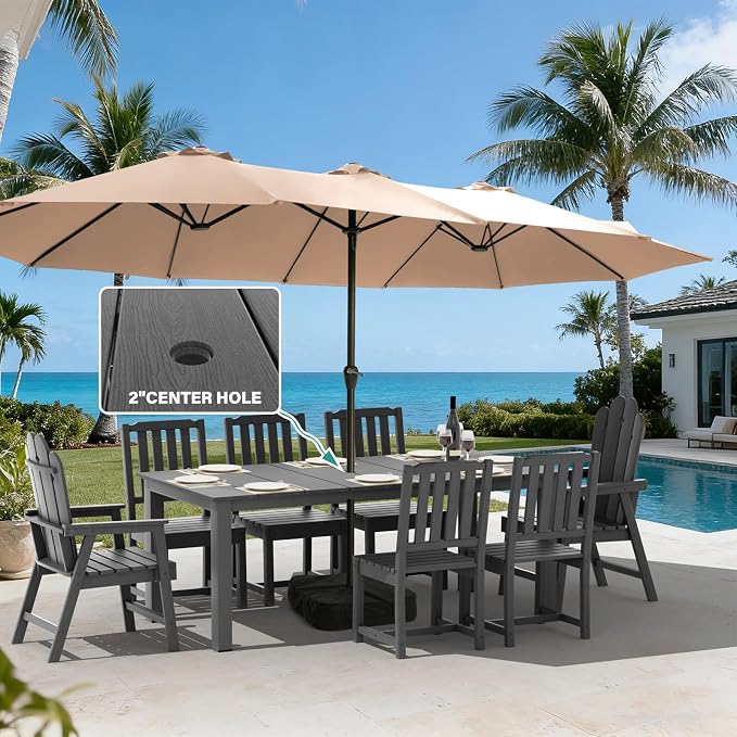 9 Piece Outdoor Dining Table Set for 8, Patio Chairs, Gray | 75.2” table,8 seat patio dining set, durable HDPE wood-look, table hole stable and spacious design for family gatherings
