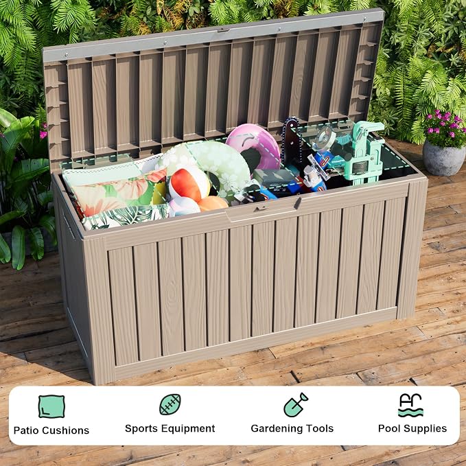 ROJIK 85 Gallon Waterproof Outdoor Deck Storage Box, Lockable Resin Patio Storage Bin with Lid for Garden Tools, Patio Cushions & Outdoor Accessories(Grey)