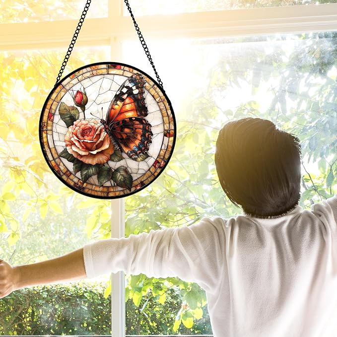 DASTOLL Stained Glass Window Hanging, Butterfly Picking Flowers Suncatcher for Doors Home Sun Catchers Decoration and Christmas, Mother's Day Birthday Gifts for Women, Men, and Mom 6.3 in