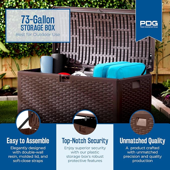 Plastic Development Group Outdoor Storage Deck Box, Standard Closure, 73 Gallon, Java
