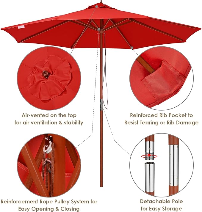 9 Ft Wooden Patio Umbrella 8 Ribs Table Parasol Rope Pulley Outdoor Garden Yard