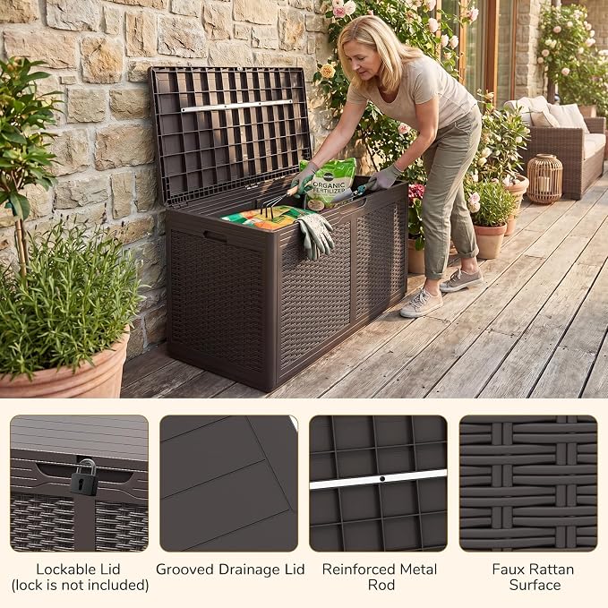 Tangkula 100 Gallon Outdoor Storage Box, Lockable Outdoor Storage Bench with 2 Smooth Wheels, Faux Rattan Surface, Waterproof Resin Deck Box for Outside Poolside Patio Garden (Brown)