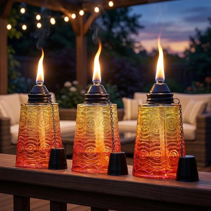 Seraphic Citronella Table Top Torches for Outdoor Patio, 16oz Decorative Glass Torch Citronella Candles for Outside Deck, Garden, Parties, Set of 3, Sunset Orange