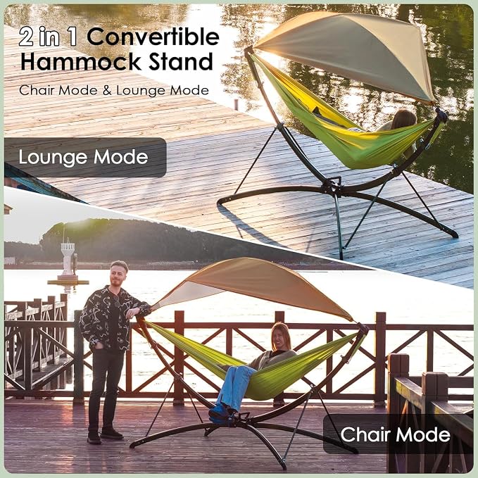 Quick-Fold Hammock with Stand for Outside, 60-Sec Setup 550lb Heavy-Duty Portable Folding Hammock with Adjustable Sunshade & Carry Bag for Camping Beach Garden Indoor Outdoor(Green)