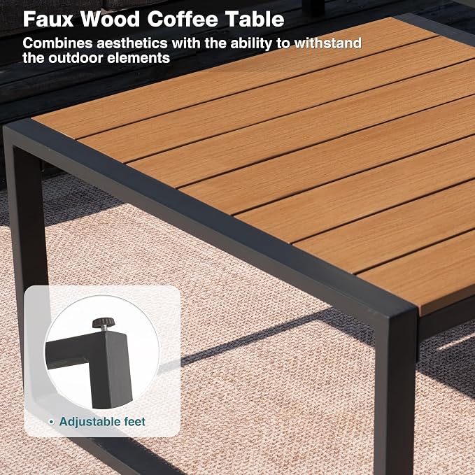 Metal Patio Furniture Set, 6 Pieces Outdoor Sectional Sofa Set with Side Table, L Shape Patio Conversation Set with Faux-Wood Tabletop, Outdoor Couch for Balcony, Porch, Backyard, Grey
