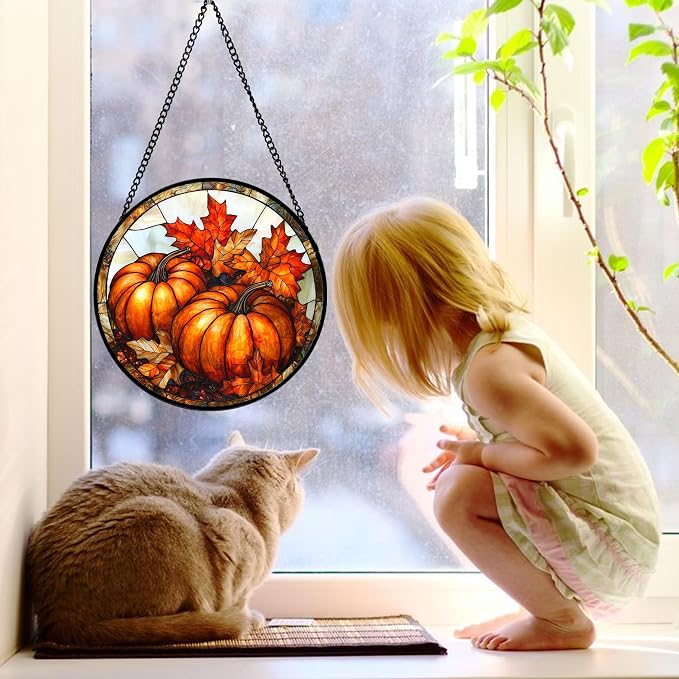 DASTOLL Stained Glass Window Hanging, Pumpkin Maple Leaf Suncatcher for Doors Home Sun Catchers Decoration and Christmas, Mother's Day Birthday Gifts for Women, Men, and Mom 9.8 in