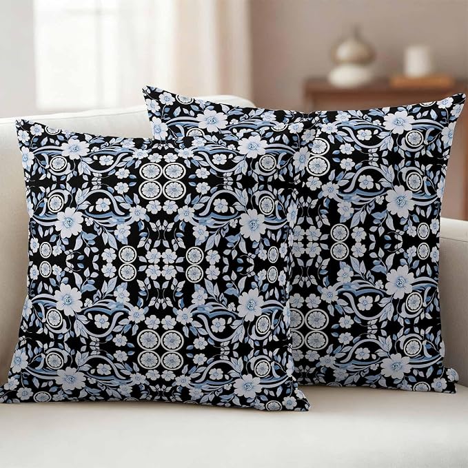 Black Blue Floral Outdoor Pillow Covers 24x24 Inch Throw Pillow Covers Set of 2 Waterproof Decorative Pillow Cases Vintage Pastoral Botanical Leaves Cushion Covers for Patio Furniture Garden Couch
