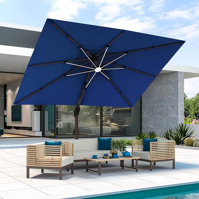 JZAC & QZYD 9x12 FT Outdoor Cantilever Patio Umbrella with LED Lights, Large Heavy Duty 2-Tier Aluminum Offset Umbrellas with 360-Degree Rotation for Pool Deck, Navy