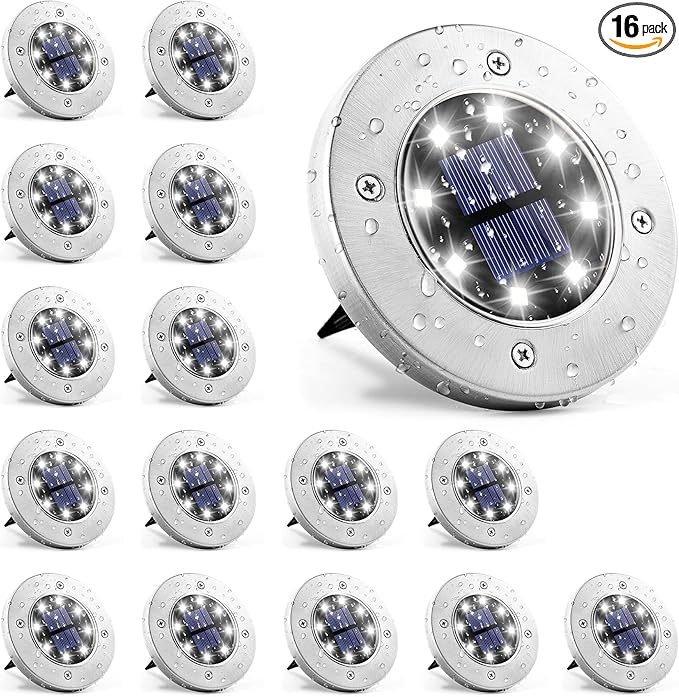 GIGALUMI Solar In-Ground Fence Lights - No-Drill Fence Lighting Solution, Waterproof Perimeter Lights Compatible with Wood, Metal & Concrete Fences (16 Pack Cool White)