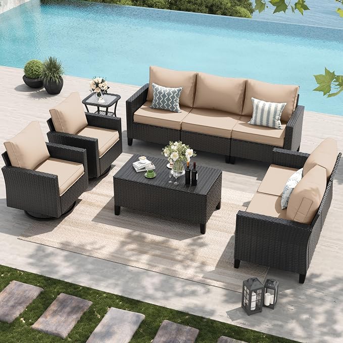Amopatio Patio Furniture Set, Wicker Outdoor Sectional Sofa with Swivel Rocker Chairs, All-Weather Rattan Conversation Set, Storage Coffee Table, Waterproof Cover for Backyard,Deck Black/Khak 6 PCS