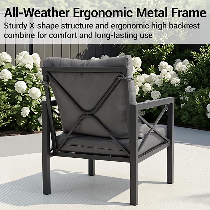 2-Piece All-Weather Metal Patio Furniture Set, Outdoor Bistro Armchairs with Cushions, Heavy Duty Steel Frame & Washable Cushions for Backyard Garden (Grey)
