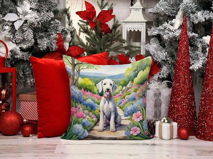 Caroline's Treasures Bedlington Terrier Spring Garden Throw Pillow Machine Washable, Indoor Outdoor Decorative Pillow for Couch, Bed or Patio, 14Hx14W