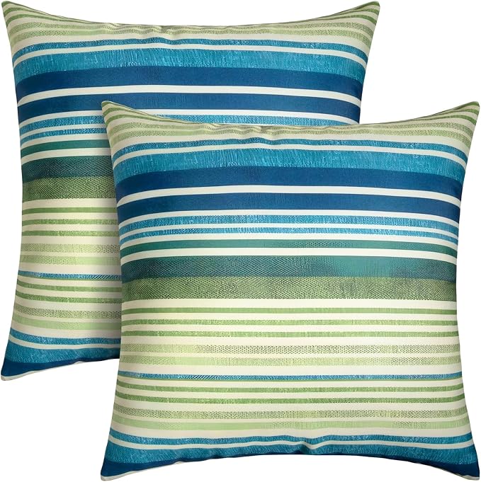 18x18 Waterproof Outdoor Pillows, Set of 2 Outdoor Throw Pillows | Patio Furniture Pillows, Fluffy Decorative Pillows, Waterproof &Fade Resistant, Removable & Washable, Stripe Blue Green