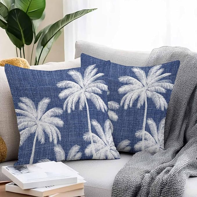 Outdoor Pillow Covers 16x16 Inch Set of 2, Indigo Blue Palm Trees Waterproof Throw Pillow Covers, Farmhouse Tropical Summer Beach Decorative Cushion Pillowcases for Couch, Sofa, Bed, Garden, Patio