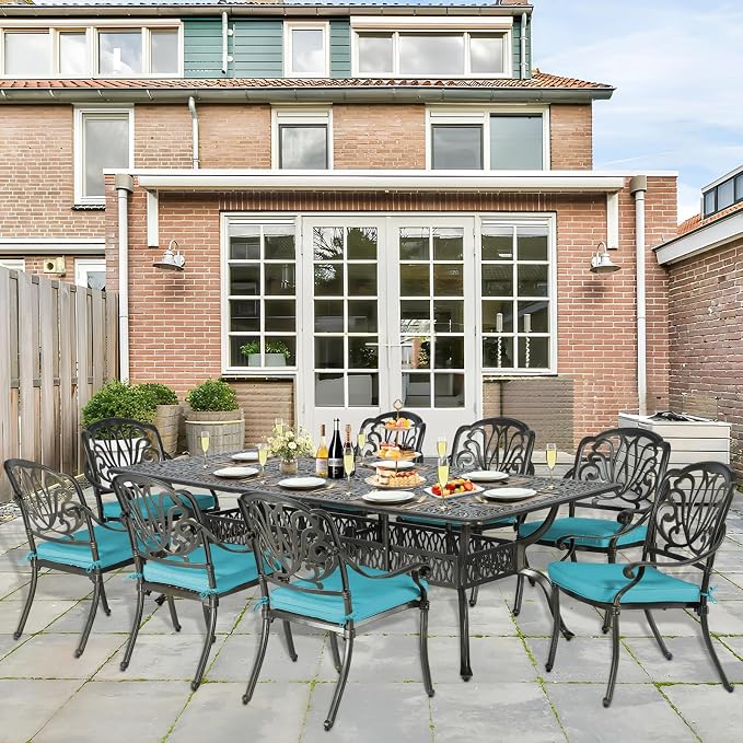9-Piece Patio Cast Aluminum Dining Set, Outdoor Dining Furniture Set for 8 Person, Includes 94.5" Rectangular Dining Table and 8 Cushioned Chairs with Umbrella Hole, Ocean Blue