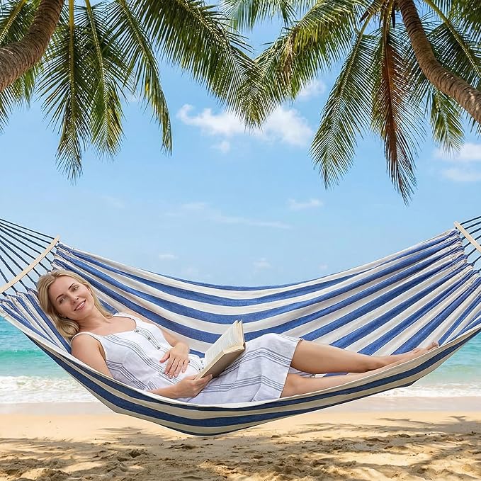 ANYOO Portable Camping Hammock Cotton Hammocks with Spreader Bar Outdoor | Sturdy Lightweight Hammocks Up to 450lbs with Carry Bag