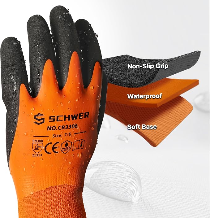 Schwer 120 Pairs Waterproof Work Gloves Double Latex Coated, CR3306, M | Non-Slip, No Fleece Lining, Used for Gardening, Fishing, Construction, Grouting, Wet Sawing, Car Cleaning, Driving, Painting