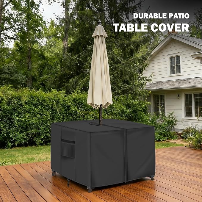 Square Patio Table Cover with Umbrella Hole - 28" L x 28" W x 28" H (Cover Size，NOT Table Size) Heavy Duty Waterproof 600D Oxford Fabric Outdoor Lawn Patio Furniture Covers