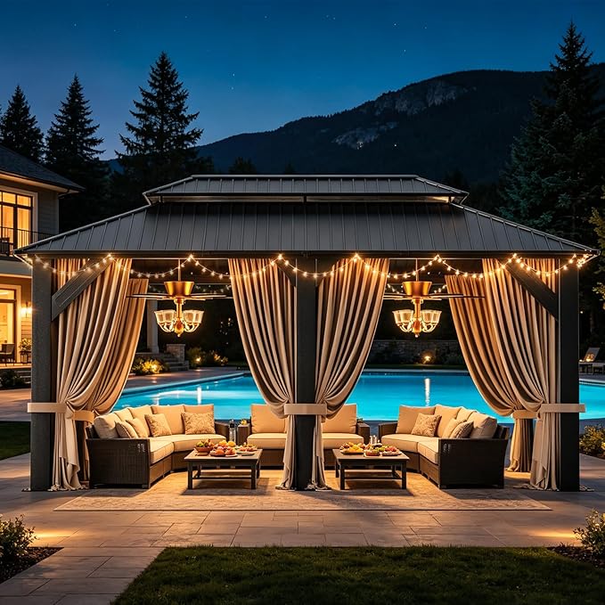 12’x20’ Hardtop Gazebo, Galvanized Steel Double Roof Canopy with Aluminum Frame, Outdoor Pavilion with Nettings and Curtains
