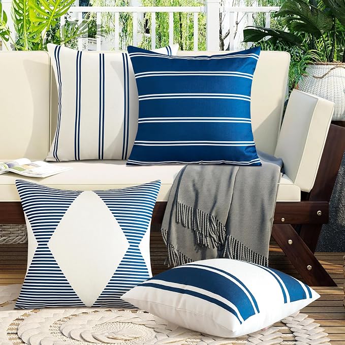 OTOSTAR Decorative Outdoor Throw Pillow Covers 16x16 Inch Waterproof Geometry Pillow Cover Garden Cushion Case Patio Outdoor Pillows Shell for Couch Indoor Tent Furniture Balcony Set of 4 (Navy Blue)