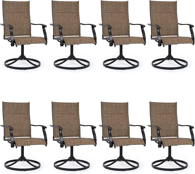 Patio Swivel Rocker Chairs Set of 8,Outdoor Dining Chairs High Back,15° Gentle Rocking Patio Chair with Padded Textilene, Metal Frame for Poolside Lawn Garden,Brown(8 PCS)