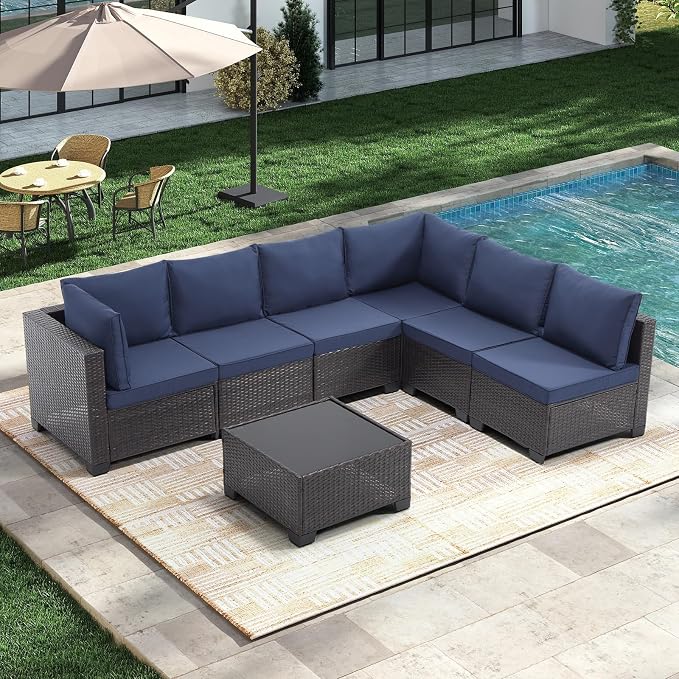 CANMOV 7 Pieces Patio Furniture Sets, All Weather Outdoor Patio Conversation Set, PE Wicker Rattan Sectional Sofa Couch Glass Coffee Table Washable Cushions for Backyard Garden, Porch, Navy Blue