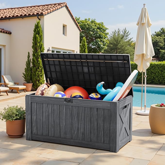 Greesum Outdoor Storage Box 120 Gallon Storage Bin with Lid for Patio Furniture, Garden Tools, Pool Supplies, Lockable, Waterproof and UV Resistant, Gray