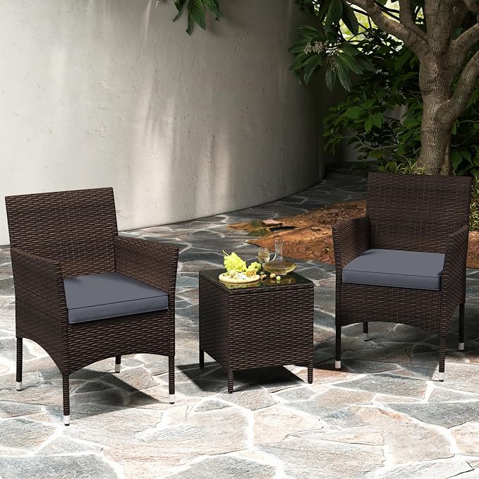 RELAX4LIFE 3-Piece Patio Furniture Set - Rattan Wicker Outdoor Conversation Set w/Cushions & Glass Coffee Table, Balcony Furniture for Porch Garden Backyard, Bistro Table and Chairs Set of 2 (Grey)