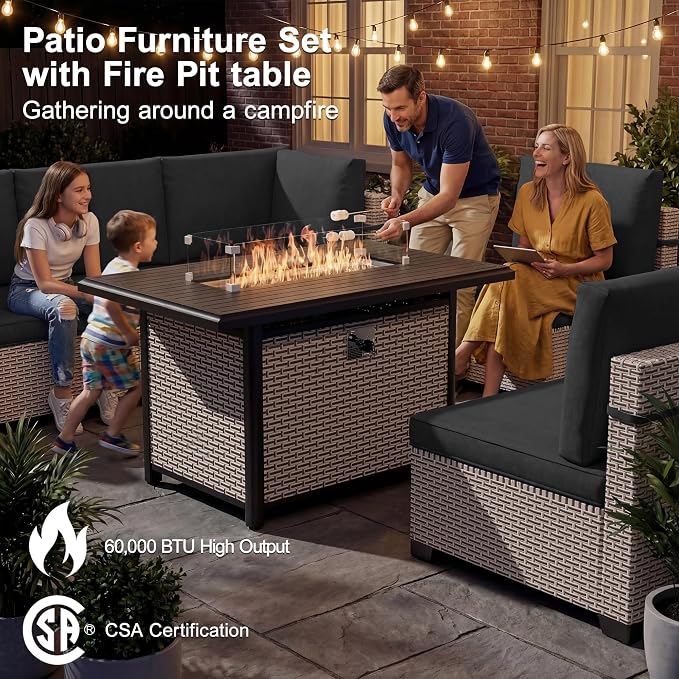Patio Furniture Set, 15-Piece Outdoor Sectional Sofa with 60,000 BTU Fire Pit Table & 2-Layer Glass Coffee Table, Wicker Patio Conversation Set with Black Cushions