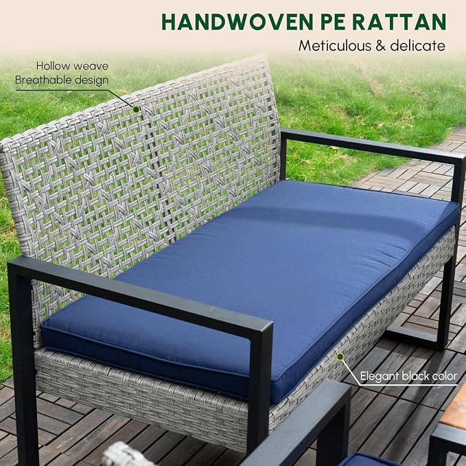 BEEFURNI Wicker Patio Furniture Outdoor Conversation Set of 4, Rattan Outdoor Furniture Set, Acacia Wood Table, 2 Chairs, 1 Loveseat, 2” Cushions, All Weather Set for Patio, Porch, Balcony (Gray)