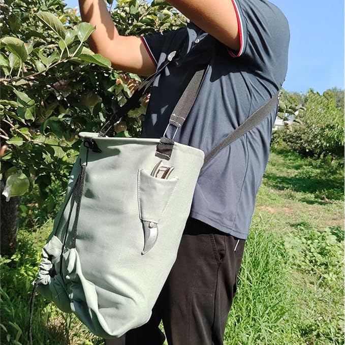 Large Adjustable Canvas Fruit Picking Bag for Orchard Farm Garden | Drop Bottom for Fast Unloading, Harvesting Apron with Open Pouch, Tool Storage Pockets, Drawstring for Flexible Capacity