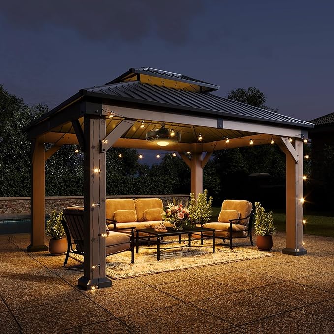 Aoxun 10' x 12' Outdoor Wood Gazebo, Hardtop Gazebo with Galvanized Steel Double Roof, Permanent Wooden Pavilion with Ceiling Fan, for Patio, Garden, Deck, Cedar Wood, Grey