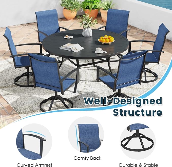 7 Pieces Outdoor Patio Dining Table Set, 53" All Weather Round Metal Table with Umbrella Hole and 6 High Back Textilene Swivel Chairs for Garden, Lawn, Poolside, Black Table & Blue Chairs