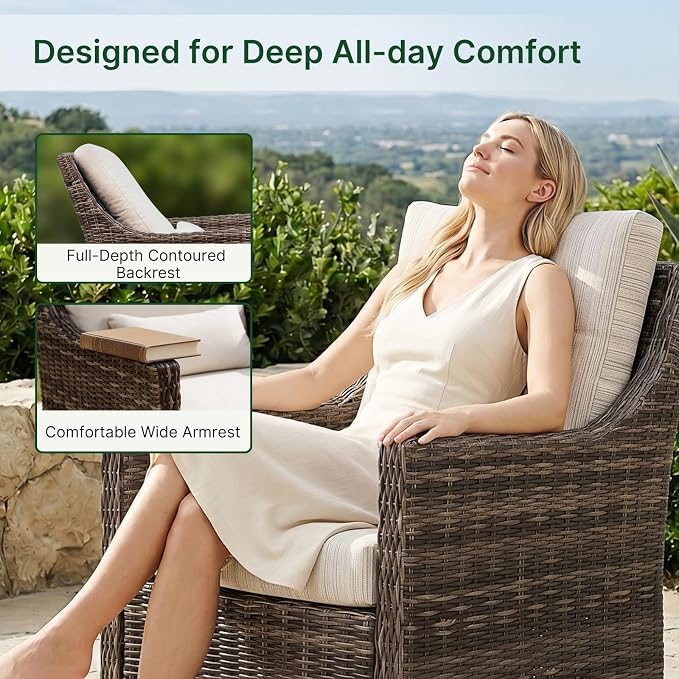 Wicker Patio Conversation Set, Outdoor Patio Furniture Set with Deep Seating, Wide Armrests & Thick Cushions, All-Weather Outdoor Furniture Set for Patio, Porch, Deck & Backyard