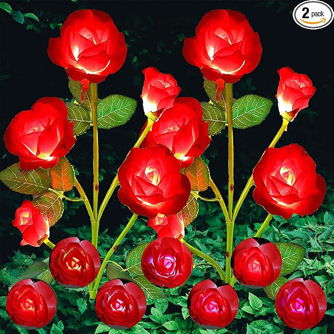 ANGMLN 2 Pack Solar Garden Lights Valentine's Day Decoration, Solar Flower Lights Outdoor Waterproof with 10 Head Red Rose 7-Color Changing Landscape Light for Pathway Garden Patio Yard