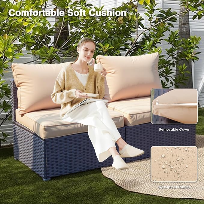 Patio Furniture Set Fire Pit Table 9 Piece All Weather PE Rattan Outdoor Sectional Sofa Couch with 8 x armless Sofa, No-Slip Cushions for Garden, Poolside, Backyard (Beige)