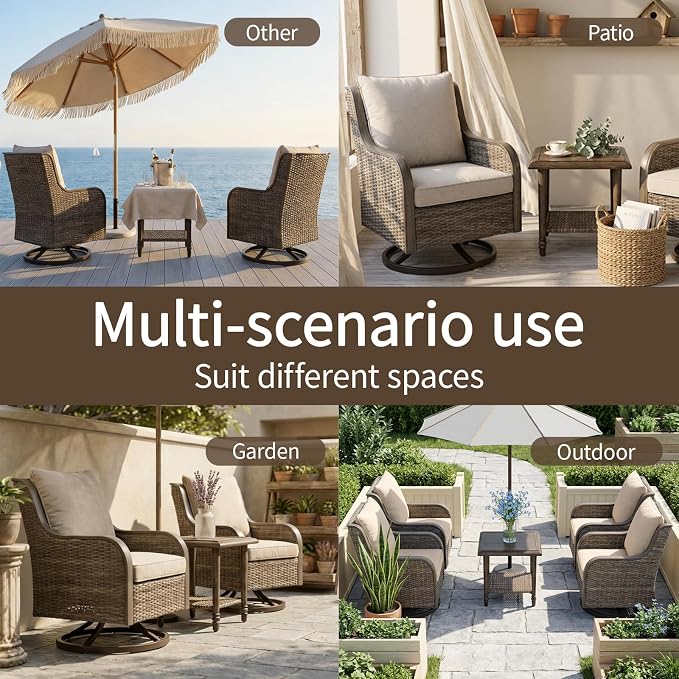 3-Piece Patio Furniture Set, 2 Swivel PE Wicker Chairs & Rattan Side Table, Outdoor Patio Swivel Rocker Seating for Porch Deck Balcony with Water-Resistant Cushions (Beige, 3-PCS)
