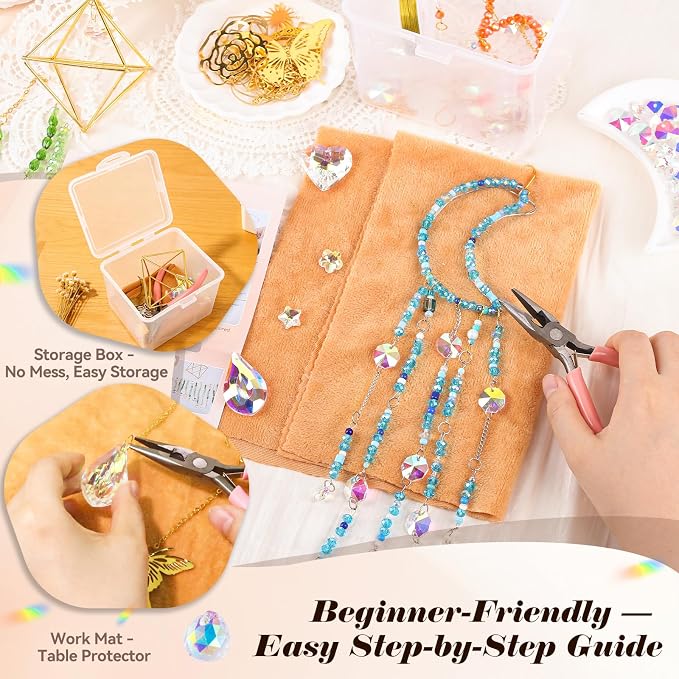 730PCS DIY Suncatcher Kit for Adults – 3D Spiral Suncatcher with Colorful AB Beads & Pendants, Rainbow Maker for Window Hanging Indoor/Outdoor Home Decor