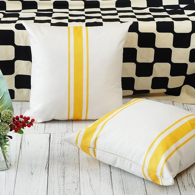 ONWAY Outdoor Pillow Covers Waterproof 20x20 Set of 2 Decorative Linen Throw Pillow Cover Beige and Yellow Striped Outdoor Pillows for Patio Furniture