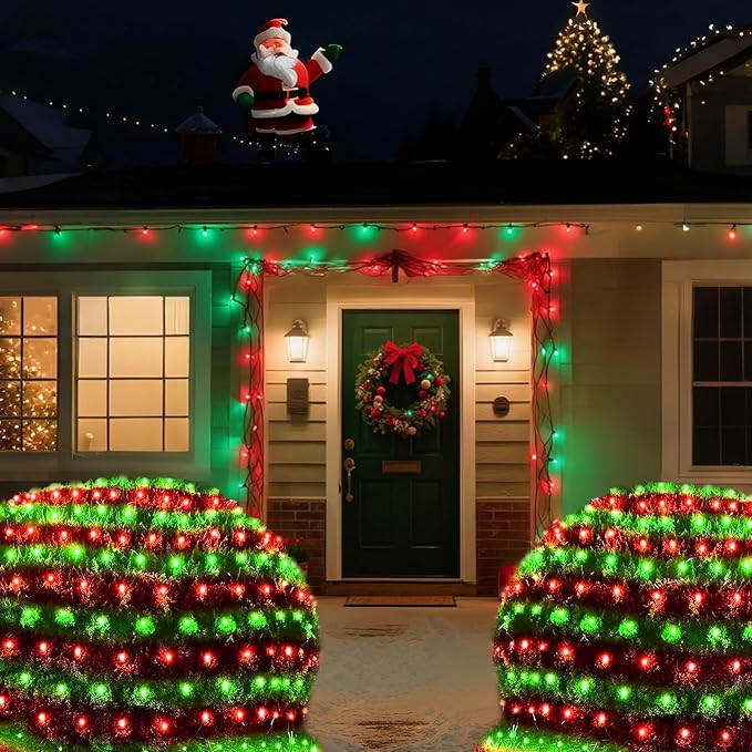 Pooqla Red and Green Christmas Net Lights Outdoor, 15x 5ft Green Wire | 300 LED Large Net Mesh Lights Plug in, 8 Modes Waterproof Connectable Bushes Lights for Christmas Hedge Yard Decor