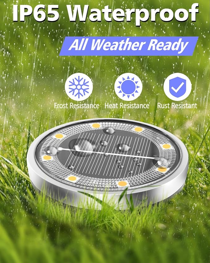 Solar Lights Outdoor Waterproof, 8 Pack 8 LED, Thickened Stainless Steel Ground Light, Solar Garden Lights Landscape Lighting for Patio Pathway Lawn Yard Deck Driveway Walkway, Warm White
