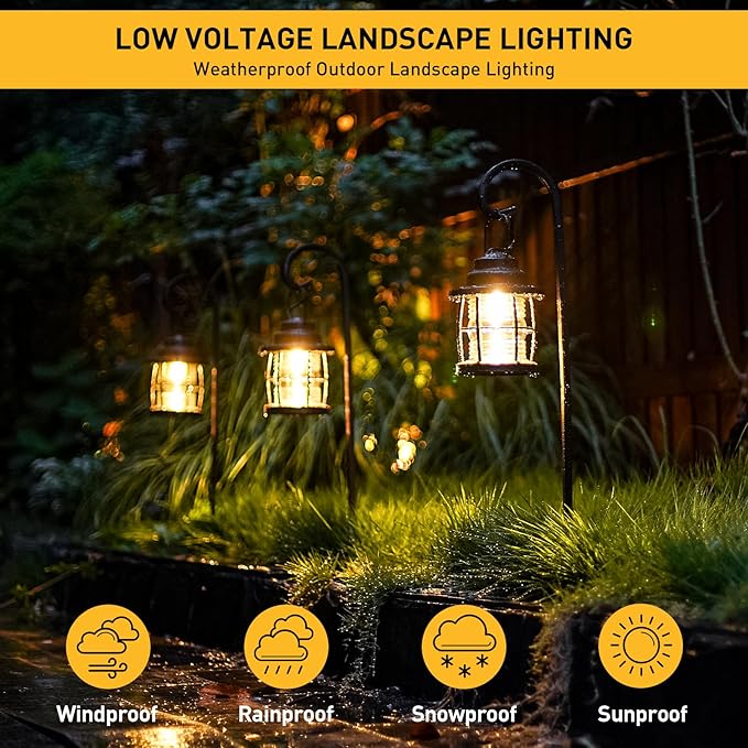GOLDEN STAR Low Voltage Landscape Pathway Lights - 12V LED Outdoor Shepherd Hook Hanging Garden Lights IP65 Waterproof Aluminum Lantern Path Lights 1.1W 32 Lumen 2900K for Walkway & Yard 2-Pack