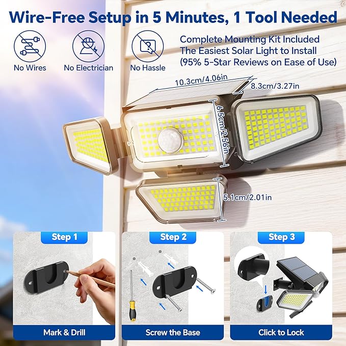 Solar Lights Outdoor, 3000LM Solar Powered Motion Sensor Light, IP65 Waterproof Security Flood Light with 3 Modes, 16-26FT Detection, 6.5-10FT Mounting Height for Wall, Garage, Yard (2 Pack)