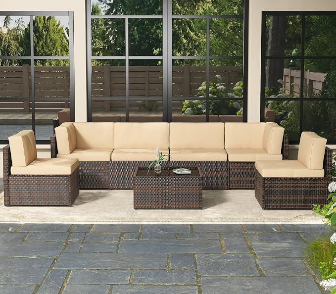AECOJOY 7 Piece Outdoor Patio Furniture Set, Outdoor Sectional Conversation Furniture Chair with Coffee Table,Patio Sectional for Garden,Backyard(Khaki Cushions and Brown PE Rattan)