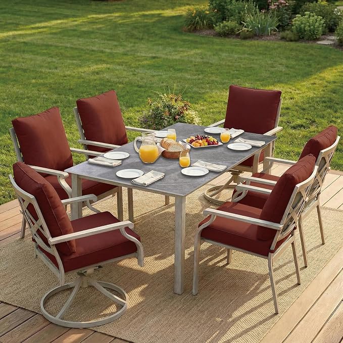 7-Piece Patio Dining Set, Grey Food-Grade Sintered Stone Dining Table with Umbrella Hole, 4 Dining Chairs and 2 Swivel Chairs with Red Removable Thickened Cushions for Garden Lawn Yard