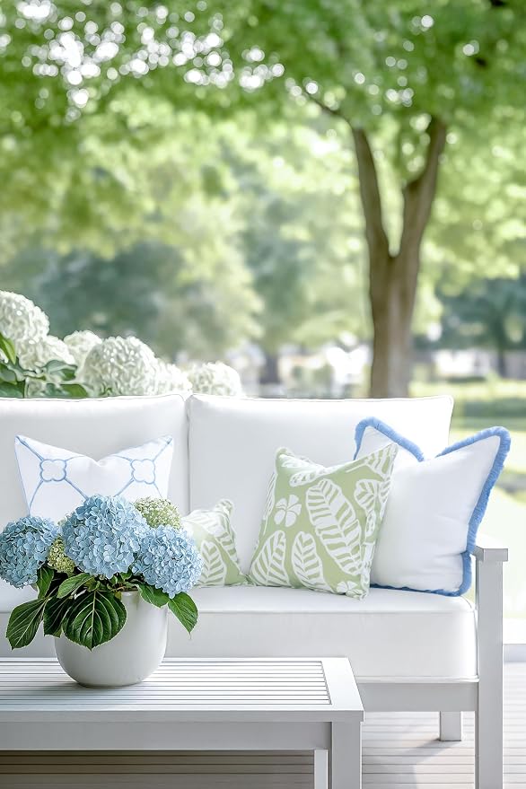 Hofdeco Premium Coastal Hampton Patio Indoor Outdoor Lumbar Pillow Cover Only, 12"x20" Water Repellent for Backyard, Couch, Poolside, Grass Green Print Palm Leaves and Hisbucs Flowers