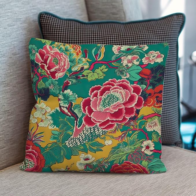 Pillowcase Chinoiserie Red Peony Floral Pillowcase Classic Green and Pink Pillow Cover Accent Square Couch Sofa Cushion Covers for Couch Garden Tent Balcony 16x16 in